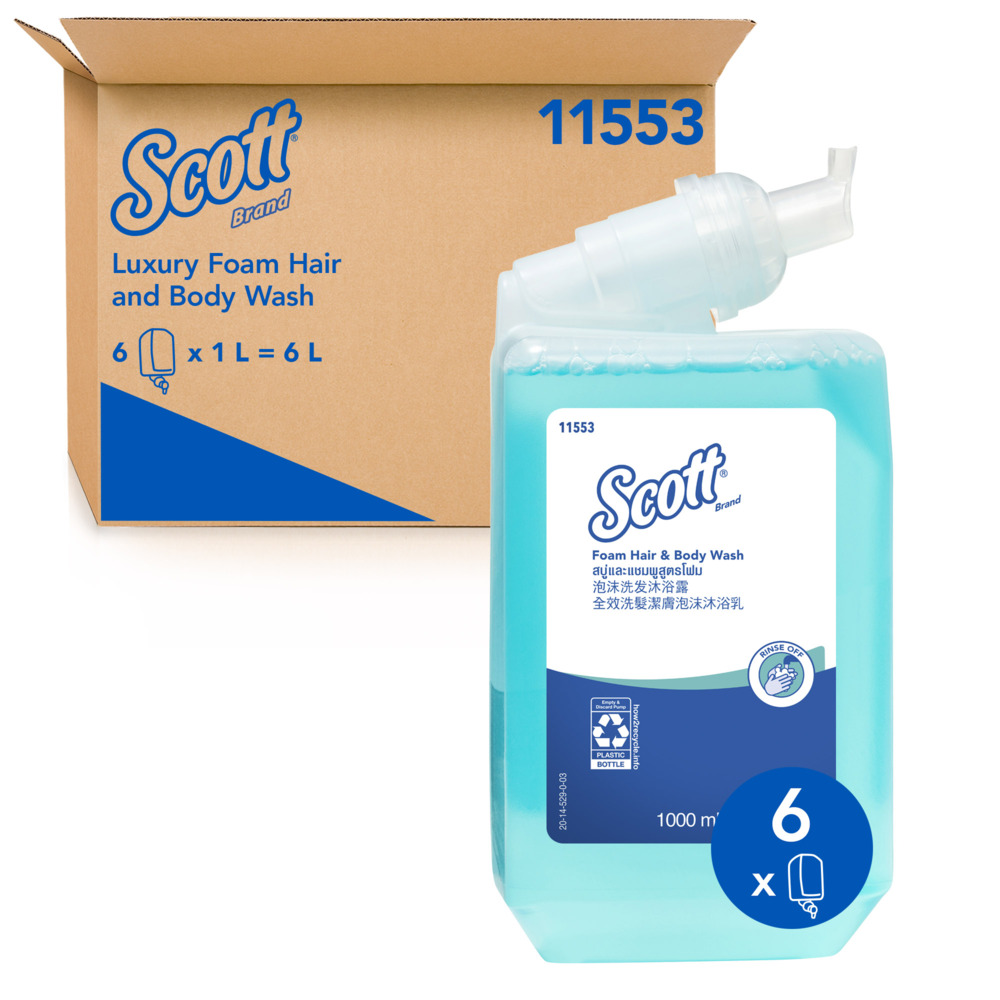 SCOTT® Luxury Foam Hair and Body Wash (11553), Refillable Body Wash, 6 Cartridges / Case, 1 Litre / Cartridge (6L) - 991011553