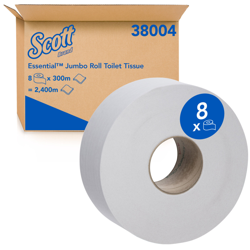 SCOTT ESSENTIAL® Jumbo Roll Toilet Tissue (38004), 2 ply, 8 Rolls / Case, 300m / Roll (2,400m)
