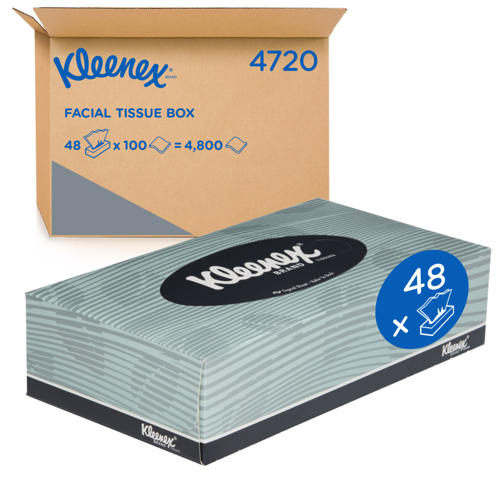 KLEENEX® Facial Tissue Box (4720), 2 Ply Flat Box, 48 Boxes / Case, 100 Tissues / Box (4,800 Tissues)
