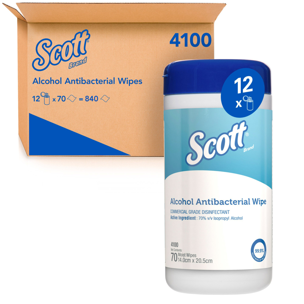 SCOTT® Alcohol Antibacterial Wipes (4100), Alcohol Wipes, 6 Canisters / Case, 70 Cleaning Wipers / Canister (420 Wipes)