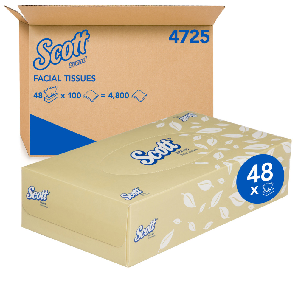 SCOTT® Facial Tissue Box (4725), 2 ply, 48 Boxes / Case, 100 Tissues / Box (4,800 Tissues)