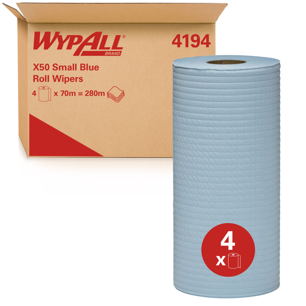 WYPALL® X50 Small Blue Roll Wipers (4194), Small Blue Roll Wipes, 4 Rolls / Case, 70m / Roll (280m)