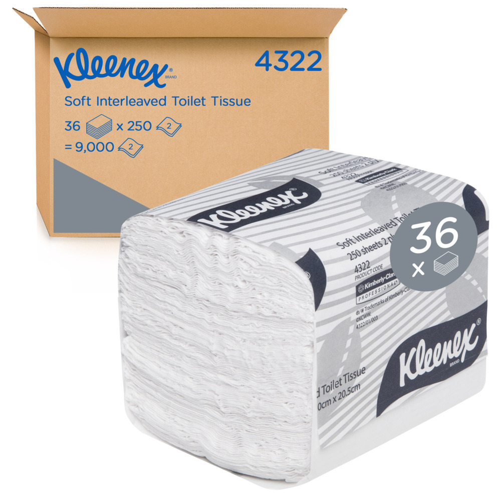 KLEENEX® Soft Interleaved Toilet Tissue (4322), 2 ply Toilet Paper, 36 Packs / Case, 250 Sheets / Pack (9,000 Sheets) 