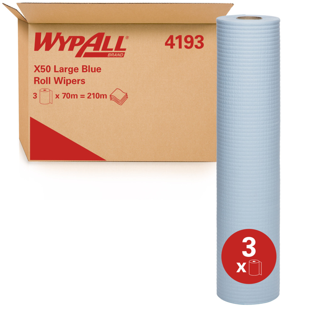 WYPALL® X50 Large Blue Roll Wipers (4193), Large Wipes, 3 Rolls / Case, 70m / Roll (210m)