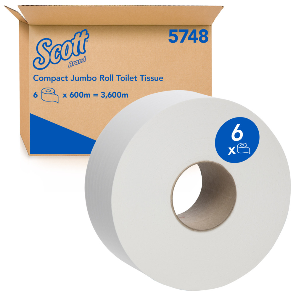 SCOTT® Compact Jumbo Roll Toilet Tissue (5748), 1 Ply, 6 Rolls / Case, 600m / Roll (3,600m)