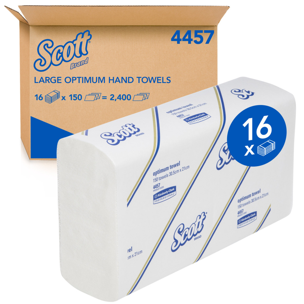 SCOTT® Large Optimum Hand Towels (4457), Folded Paper Towels, 16 Packs / Case, 150 Hand Towels / Pack (2,400 Towels)
