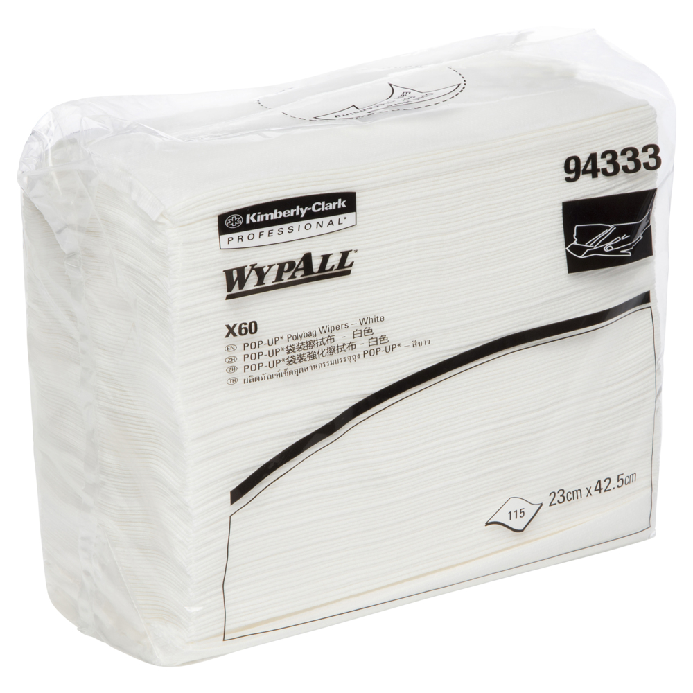 WYPALL® X60 Pop-up Poly Bag Wipers (94333), Industrial Cleaning Cloths, 12 Poly Bags / Case, 115 Cleaning Wipes / Bag (1,380 Wipes) - S052266733
