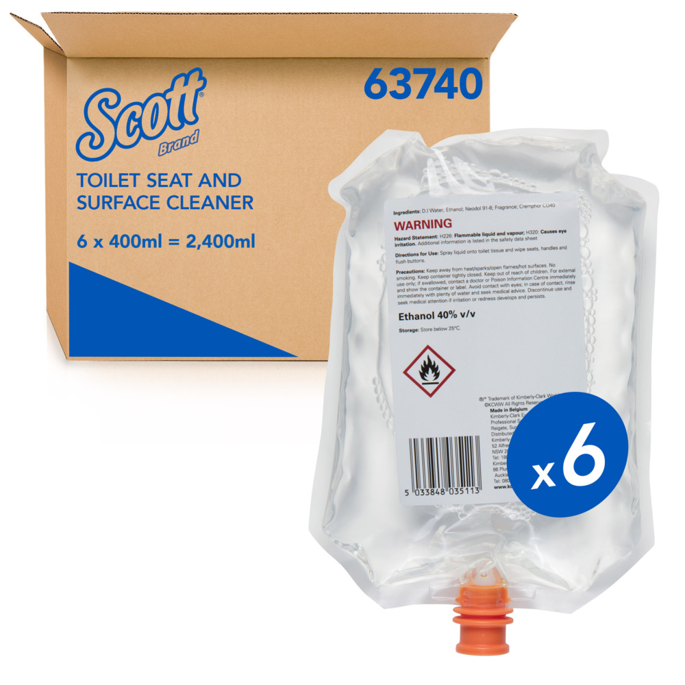 SCOTT® Toilet Seat and Surface Cleaner (63740), Clear Surface Cleaner, 6 Pouches / Case, 400ml / Pouch (2.4L) - S054115783