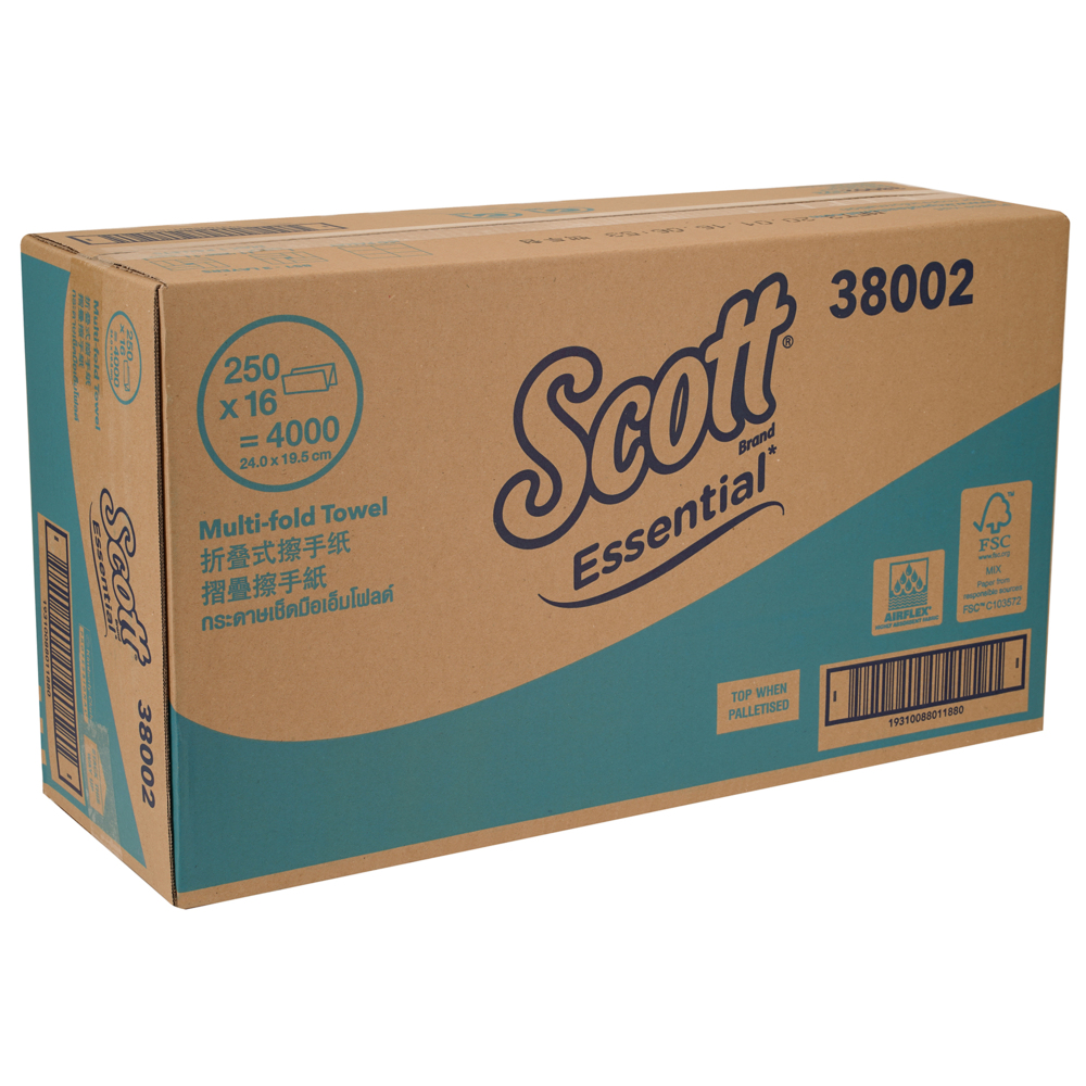 SCOTT ESSENTIAL® Multifold Paper Towels (38002), White 1-Ply, 16 Packs / Case, 250 Sheets / Pack (4,000 Sheets) - S055170753